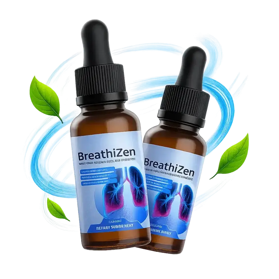Two bottles of BreathiZen oral spray with green leaves and a blue swirl