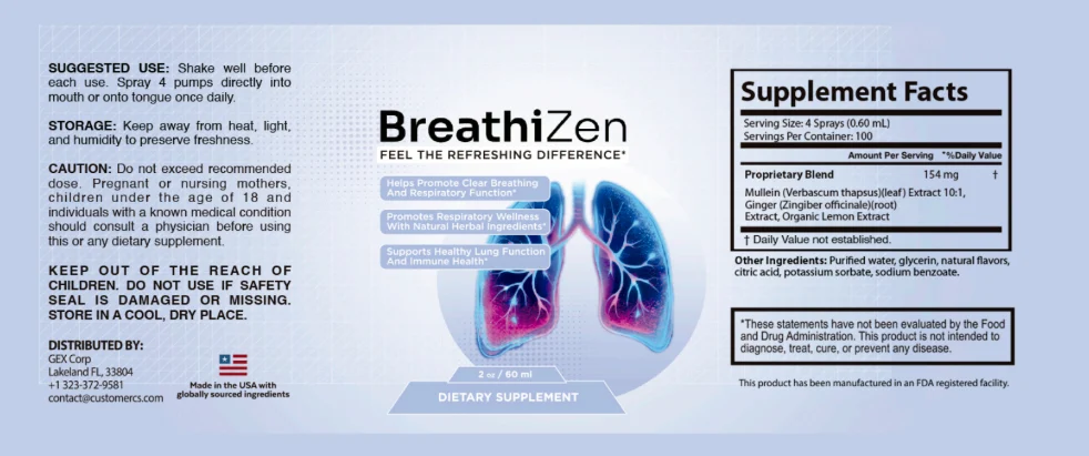 The BreathiZen bottle label with the Supplement Facts panel
