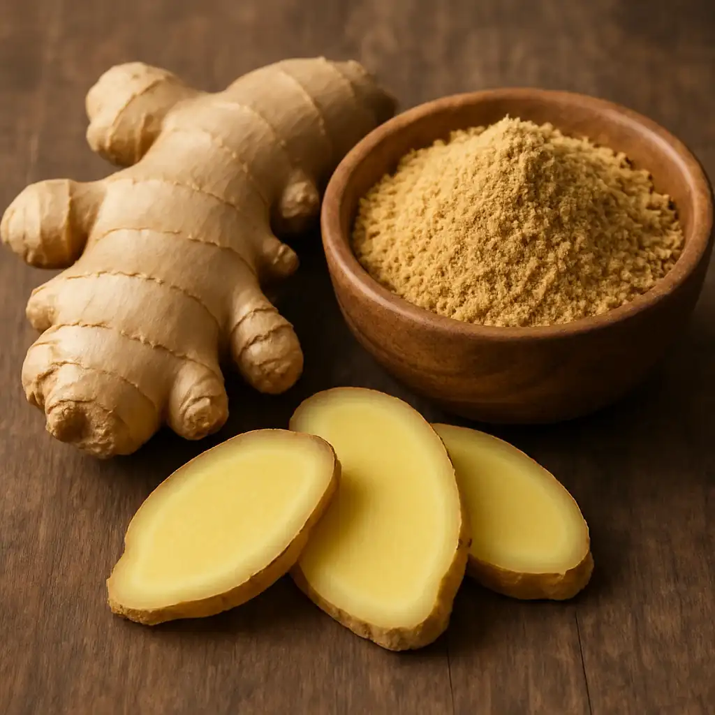 Fresh ginger root and slices beside a bowl of ginger powder