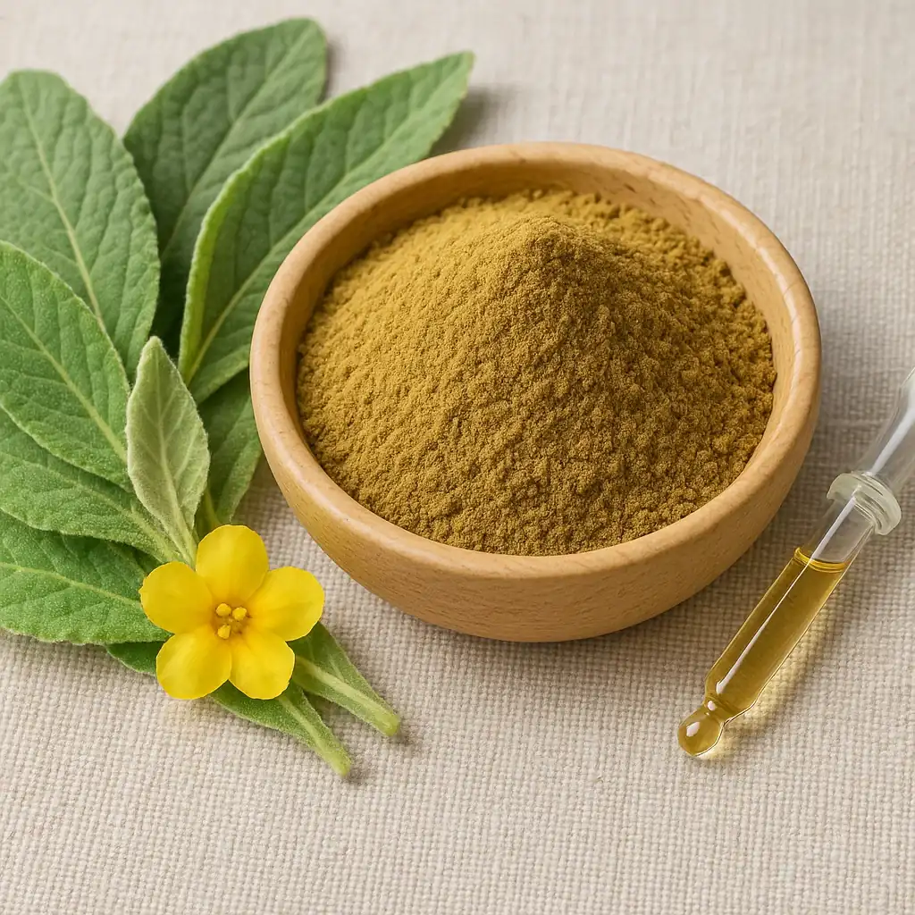 Dried mullein leaf powder in a wooden bowl beside soft green leaves and a yellow flower